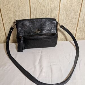 Kate Spade Pebbled Leather Foldover Crossbody | Black & Gold | Tassel Detail
